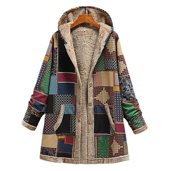 Front view of a Jade Ethnic Patchwork Hooded Winter Coat, open with cream sherpa lining and pockets