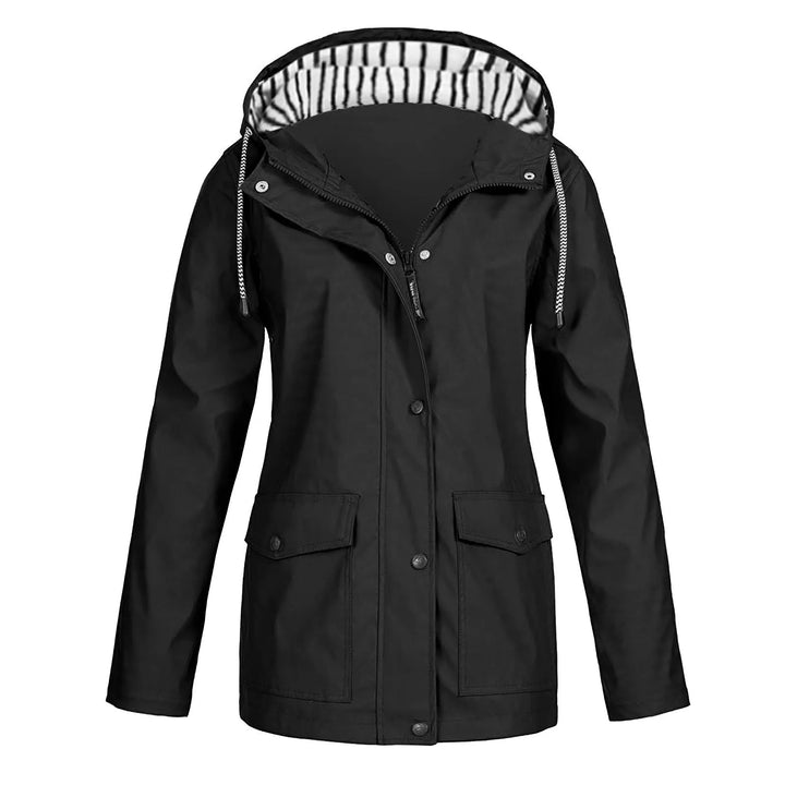 Front view of a black Isla long waterproof hooded raincoat jacket with white striped hood lining