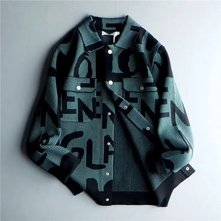 Teal green vintage knit jacket with a bold black letter pattern