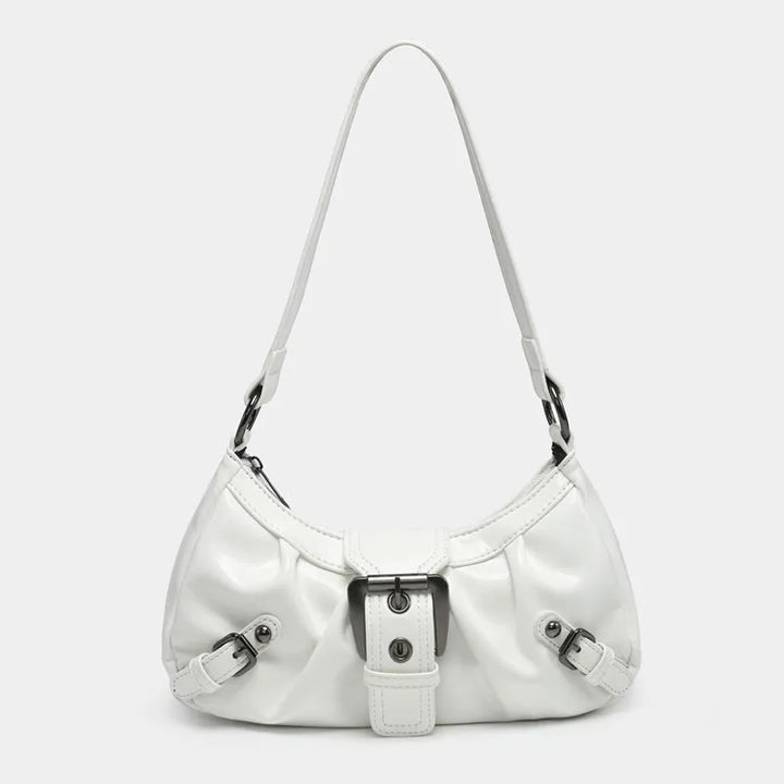 Front view of the Nola Retro Y2K Shoulder Bag, a shiny white faux leather handbag with buckle details