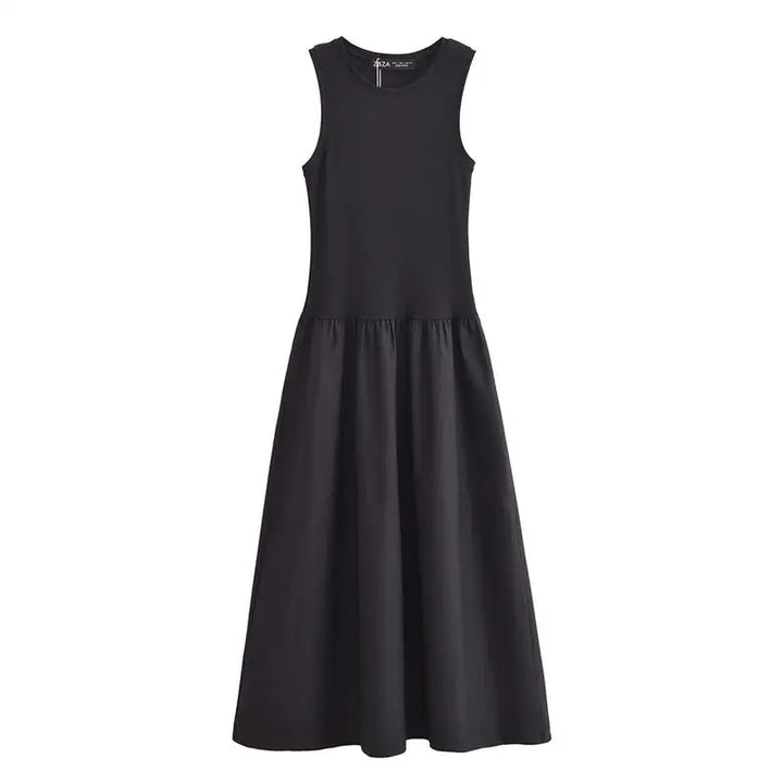 Isabelle Summer Dress in black, flat lay, back view with gathered waist detail