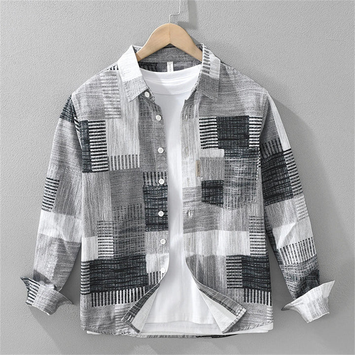 Front view of a Japanese Style Casual Long Sleeve Shirt in black and white patchwork cotton broadcloth, unbuttoned