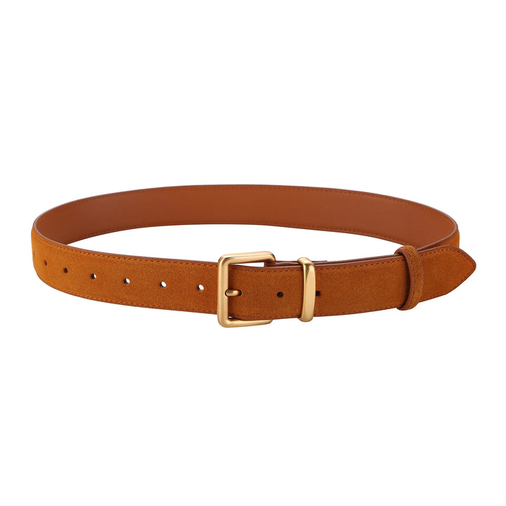 Front view of a brown vintage suede leather belt with a gold buckle on a white background