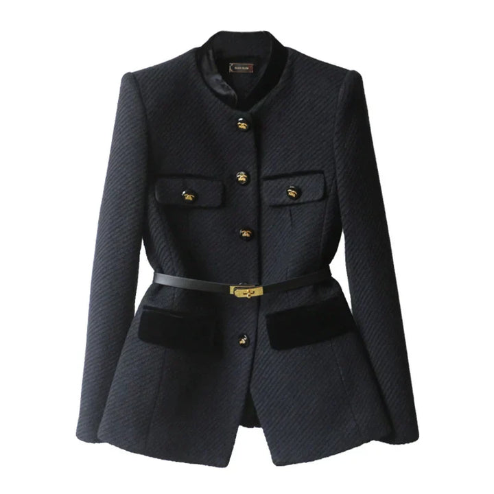 Front view of the Hazel wool coat, a black tailored jacket with gold buttons and a thin black belt on a white background