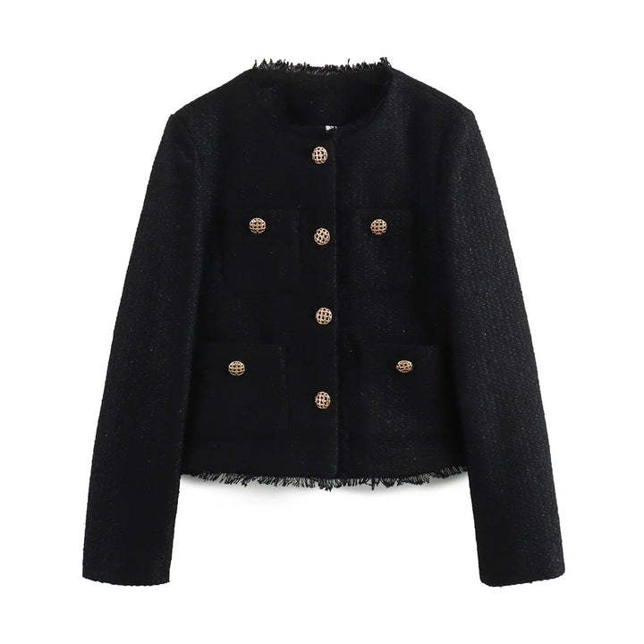 Front flat lay of a black chic tweed buttoned jacket with decorative buttons and fringe trim