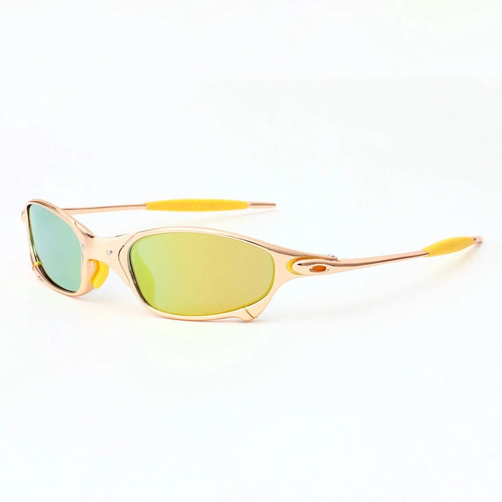 Three quarter view of Ecliptic polarized sunglasses with gold frame, yellow accents and yellow green lenses on a white