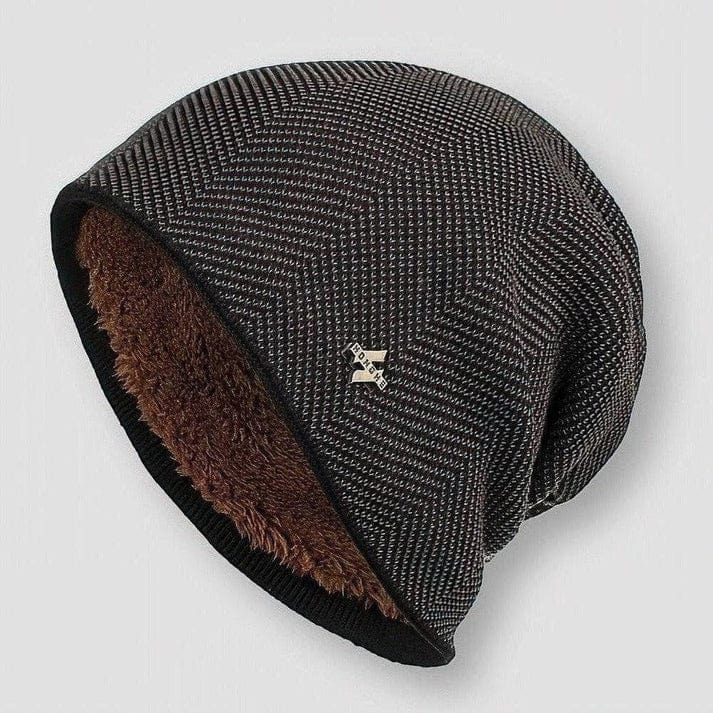 Side view of the Classic Knitted Wool Beanie showing the brown faux fur lining and chevron knit pattern