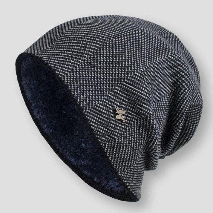 Close up of the Classic Knitted Wool Beanie showing the dark blue faux fur lining and chevron knit pattern