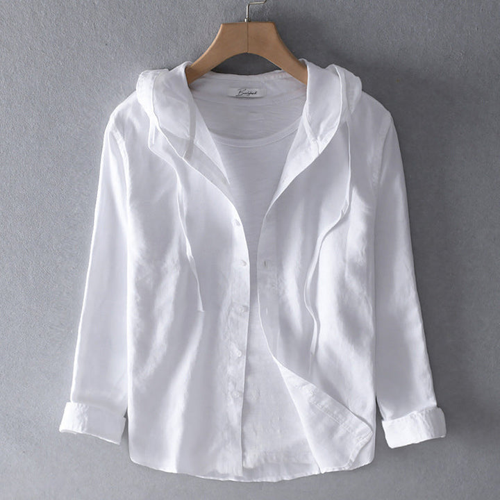 Front view of a white linen blend hooded shirt, unbuttoned over a white tee on a hanger