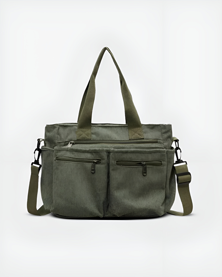 Front view of the olive green Urban Cord Tote Bag with two top handles and a long adjustable shoulder strap