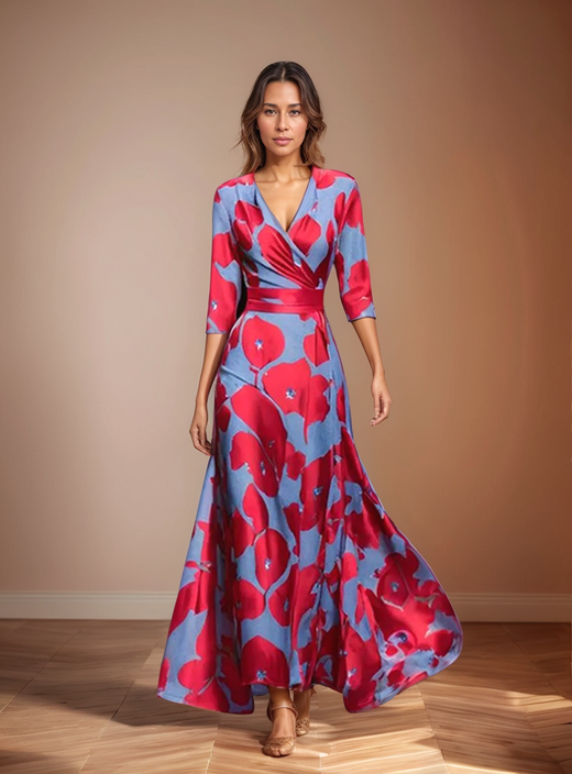 Front view, model wearing a blue and red floral print wrap dress with a v neck and three quarter sleeves