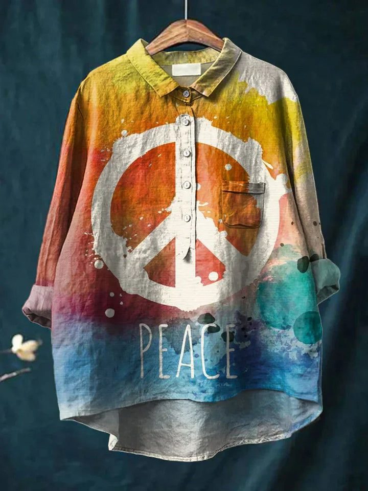 Peace Hippie-Inspired Art Shirt front view with a large peace sign and "PEACE" text in watercolour style
