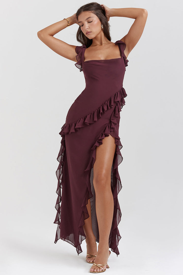 Burgundy georgette wedding guest dress with ruffled straps and a leg split