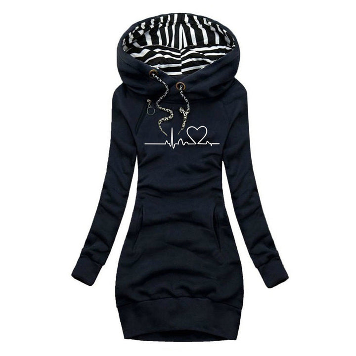 Navy blue hoodie dress with black and white striped hood lining, front view