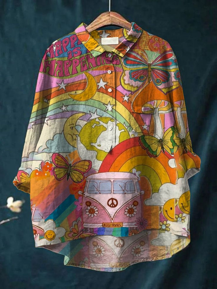Peace Hippie-Inspired Art Shirt front view with "Happy is Happening" text, butterflies, and a Kombi van
