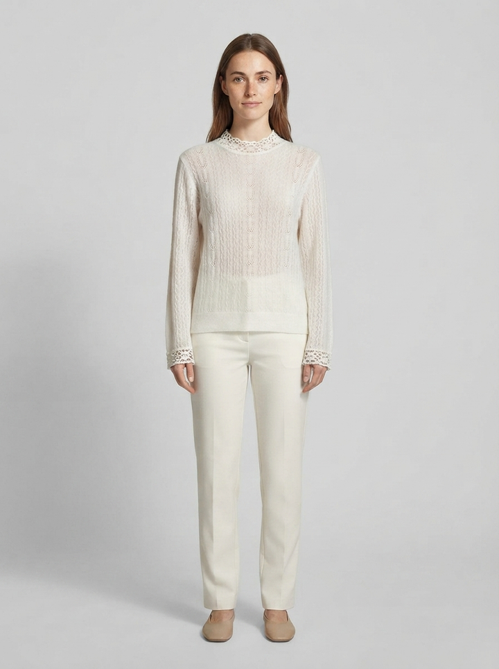 Cashmere Wool Blend Crochet Round Neck Pullover - front view