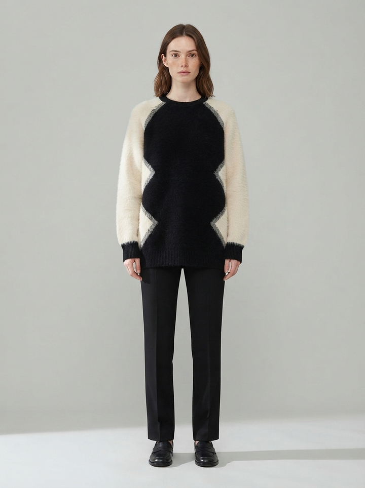 Colour Block Cashmere Polo Neck Knit Top - front view