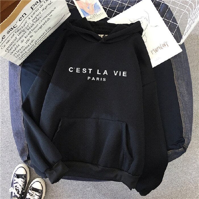 Front view of a black oversized hoodie with "C&
