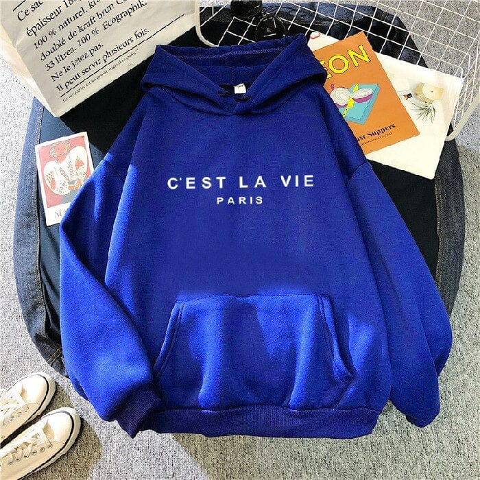 Front view of a blue oversized hoodie with "C&