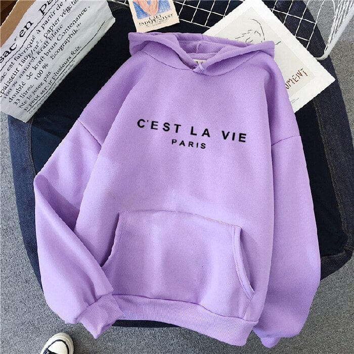 Front view of a purple oversized hoodie with "C&