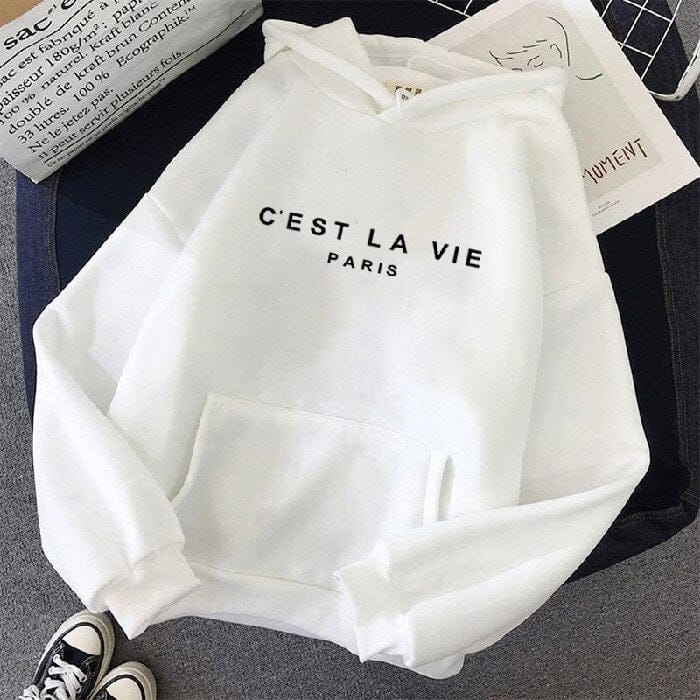 Front view of a white oversized hoodie with "C&