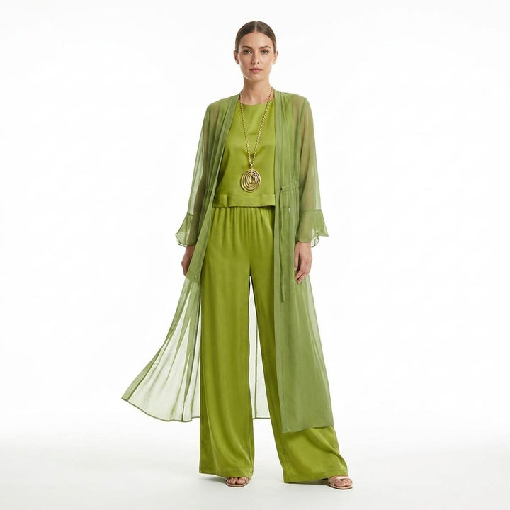 Front view of model wearing a comfortable elegant 3-piece polyester set in lime green with gold necklace