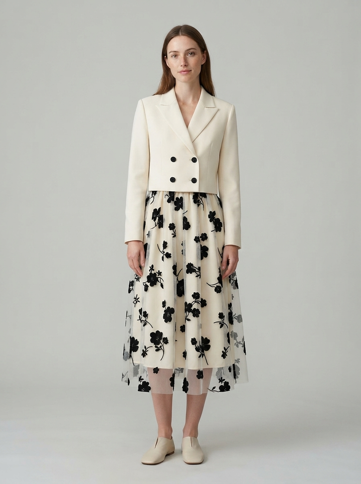Double-Breasted Jacket and Mesh Dress Set - front view