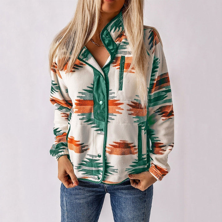 Front view of the Atsaki fleece jacket worn by model, showing the full design and pockets