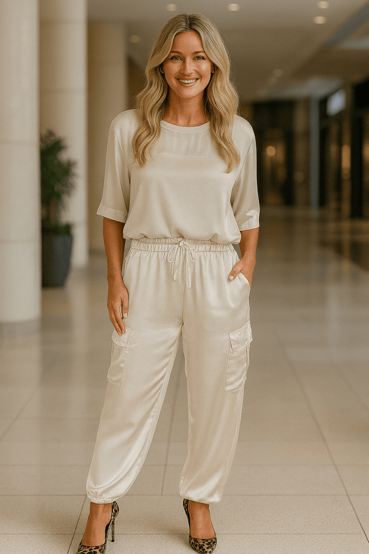 Front view of a model in a champagne satin half sleeve top and pants set with cargo pockets and leopard print heels