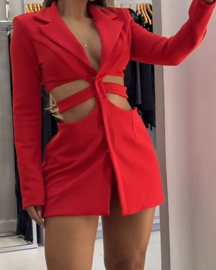 Front view of a model wearing the red elegant blazer dress with hollow waist cutouts and mini shorts