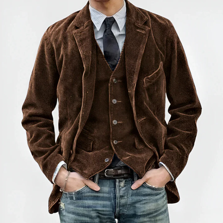 Jasper Retro Jacket & Vest, worn by model, front view, dark brown corduroy jacket with matching vest and blue jeans