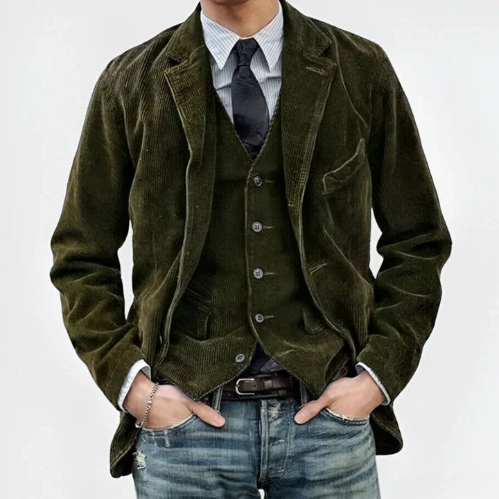Jasper Retro Jacket & Vest, worn by model, front view, dark green corduroy jacket and vest with blue jeans