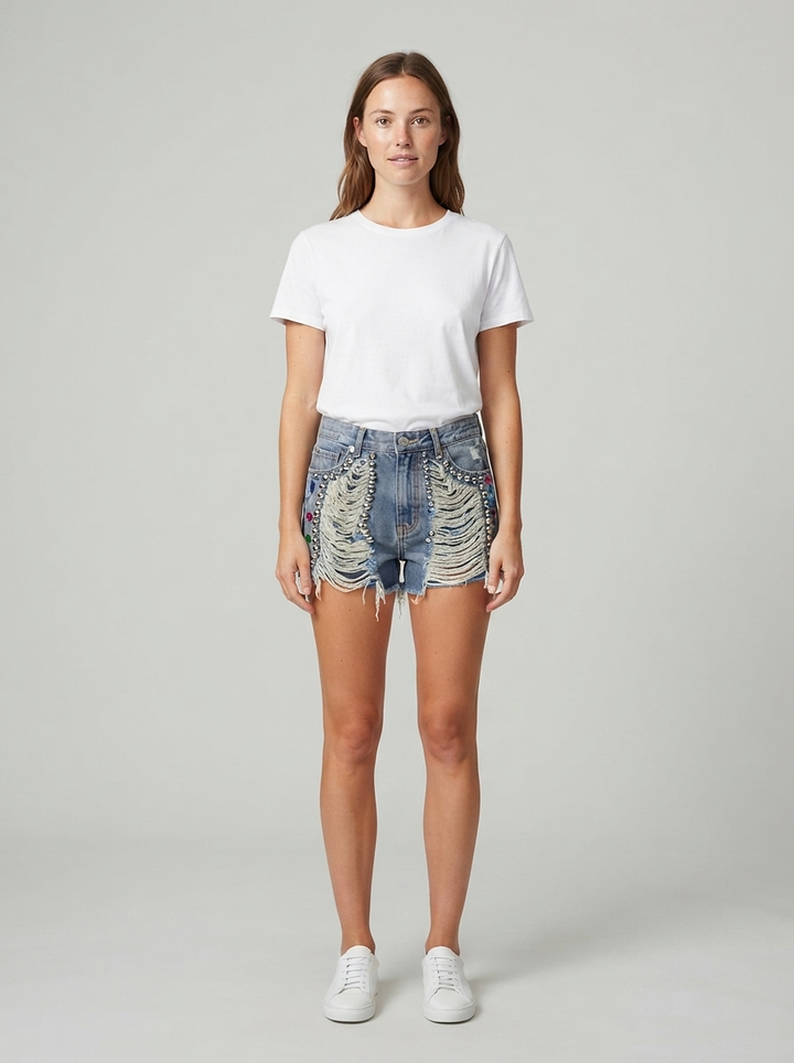 High-Waist Distressed Denim Shorts - front view