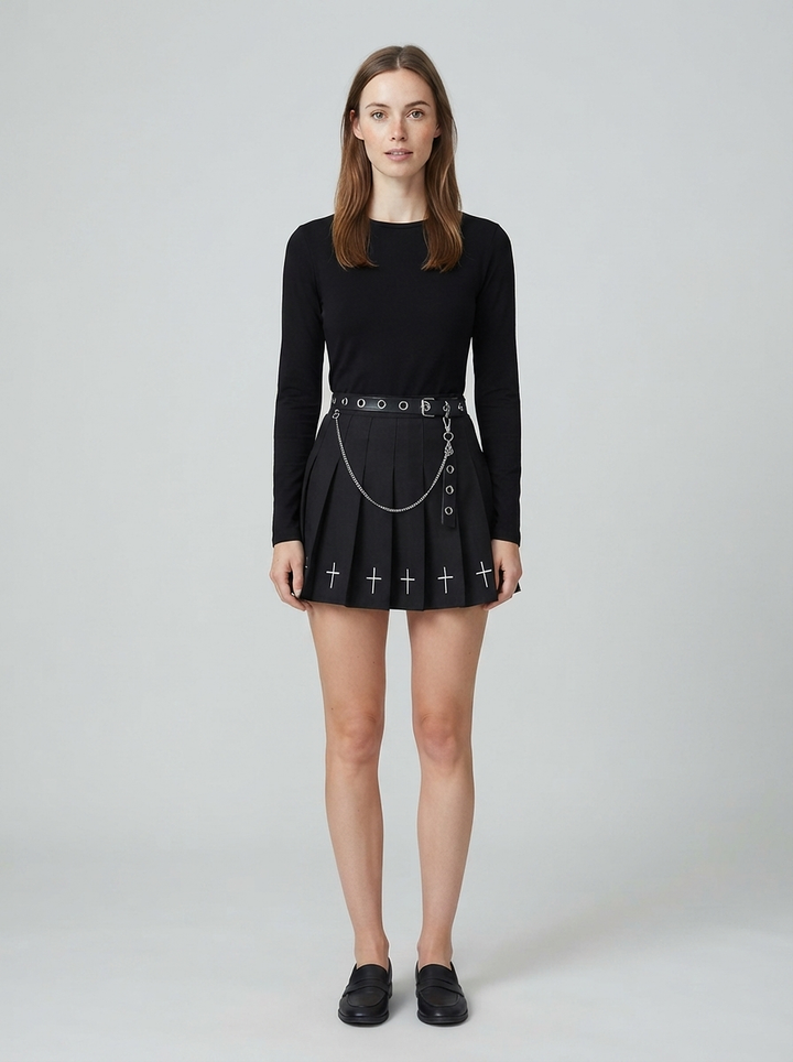 High-Waist Pleated Mini Skirt — Black - front view