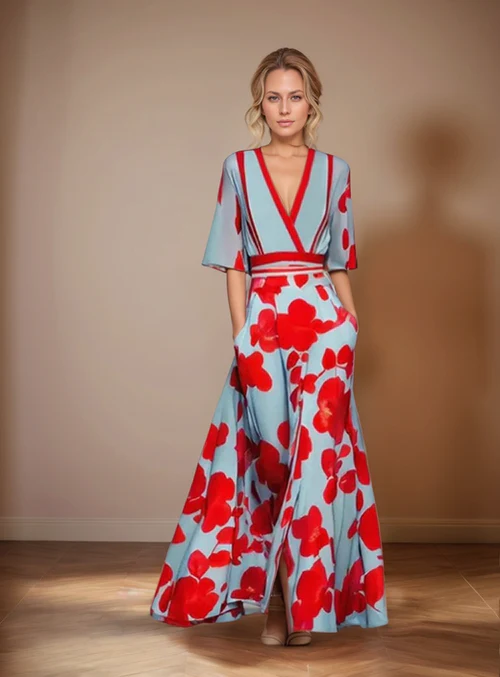 Three quarter view, model wearing a blue and red floral print wrap dress with a v neck and short sleeves