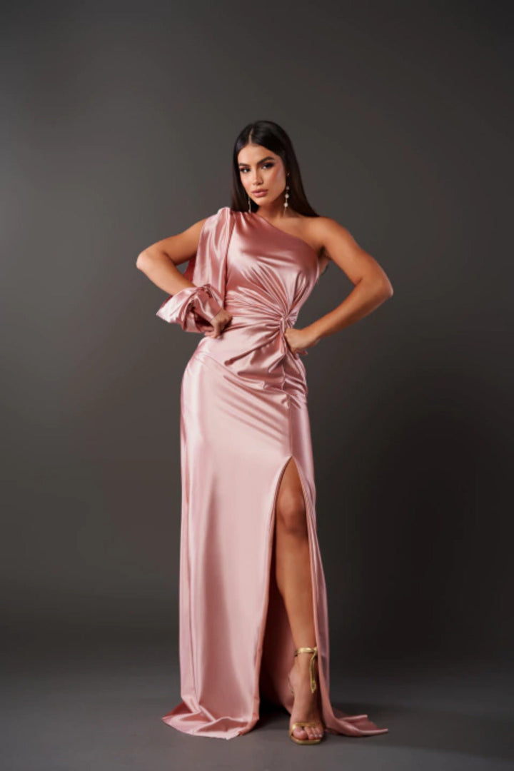 Elegant maxi dress front view worn by model, one shoulder with knotted cuff and high split skirt, alternate angle