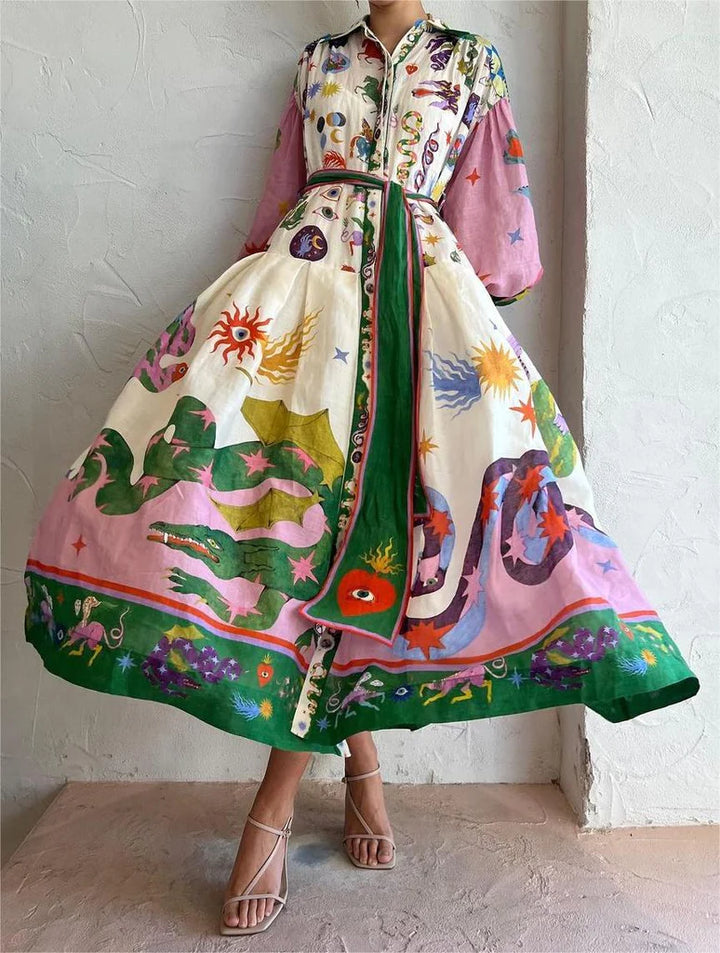 Front view of a model wearing the elegant Italian maxi dress, featuring a vibrant, colourful print