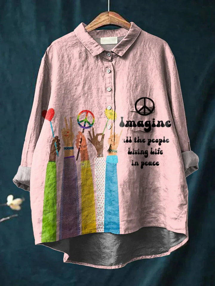 Peace Hippie-Inspired Art Shirt front view with diverse hands holding peace signs and text "Imagine all the people living