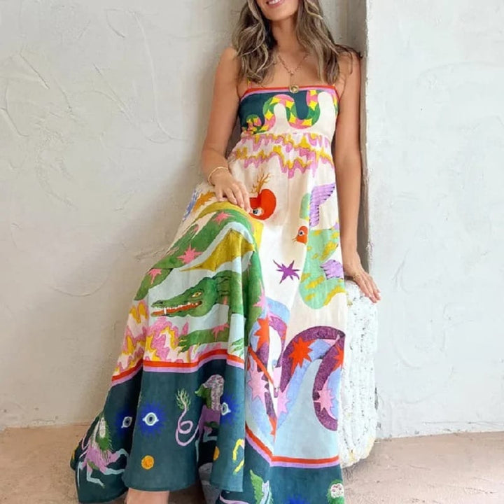 Front view, model wearing a high waist floral print summer dress with a vibrant animal and abstract pattern