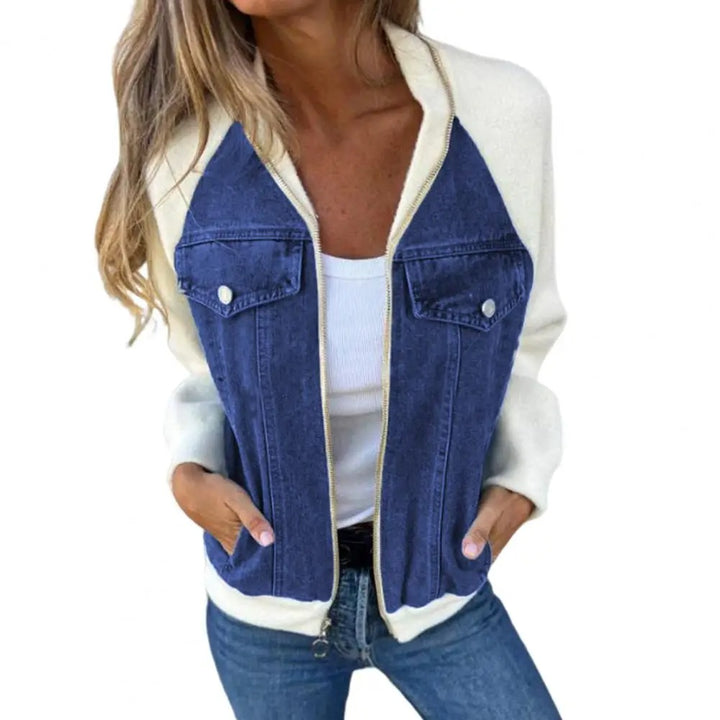 Colourblock Denim Contrast Jacket front view worn by model, with hands in pockets and zip open over a white, alternate angle