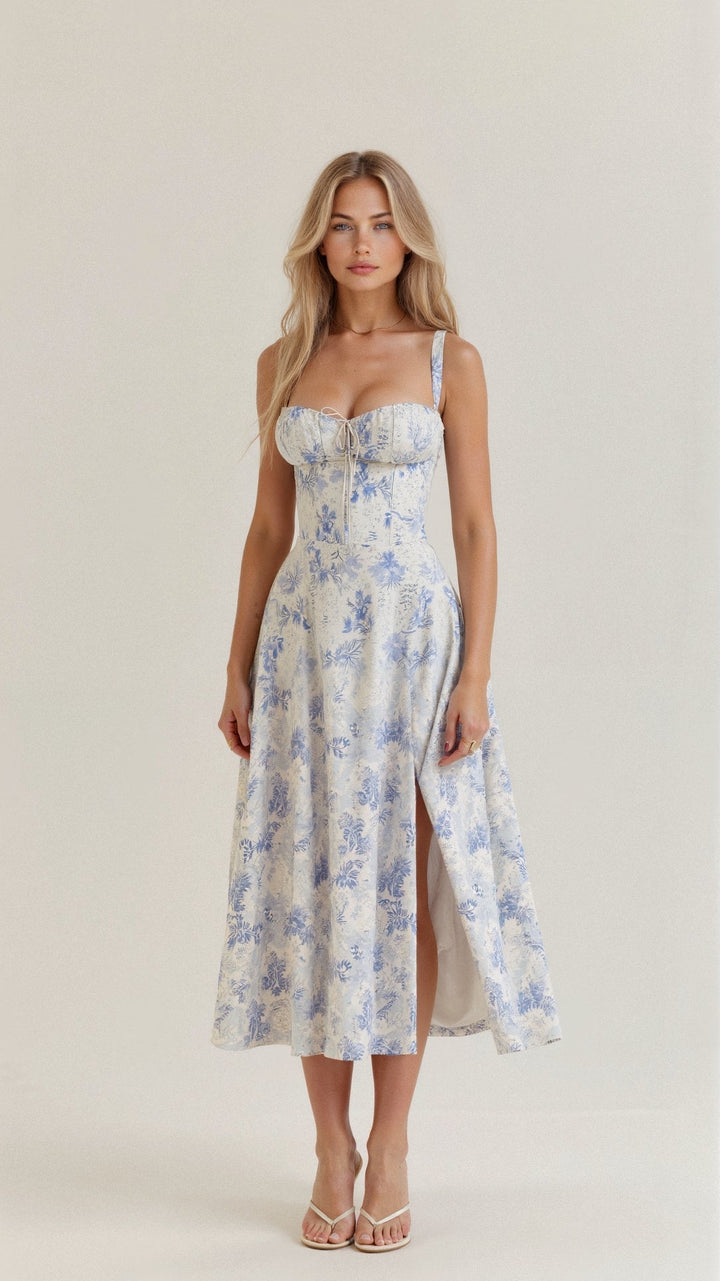 Front view, model wearing a floral bustier dress with a lace-up front and thigh split, on a white background
