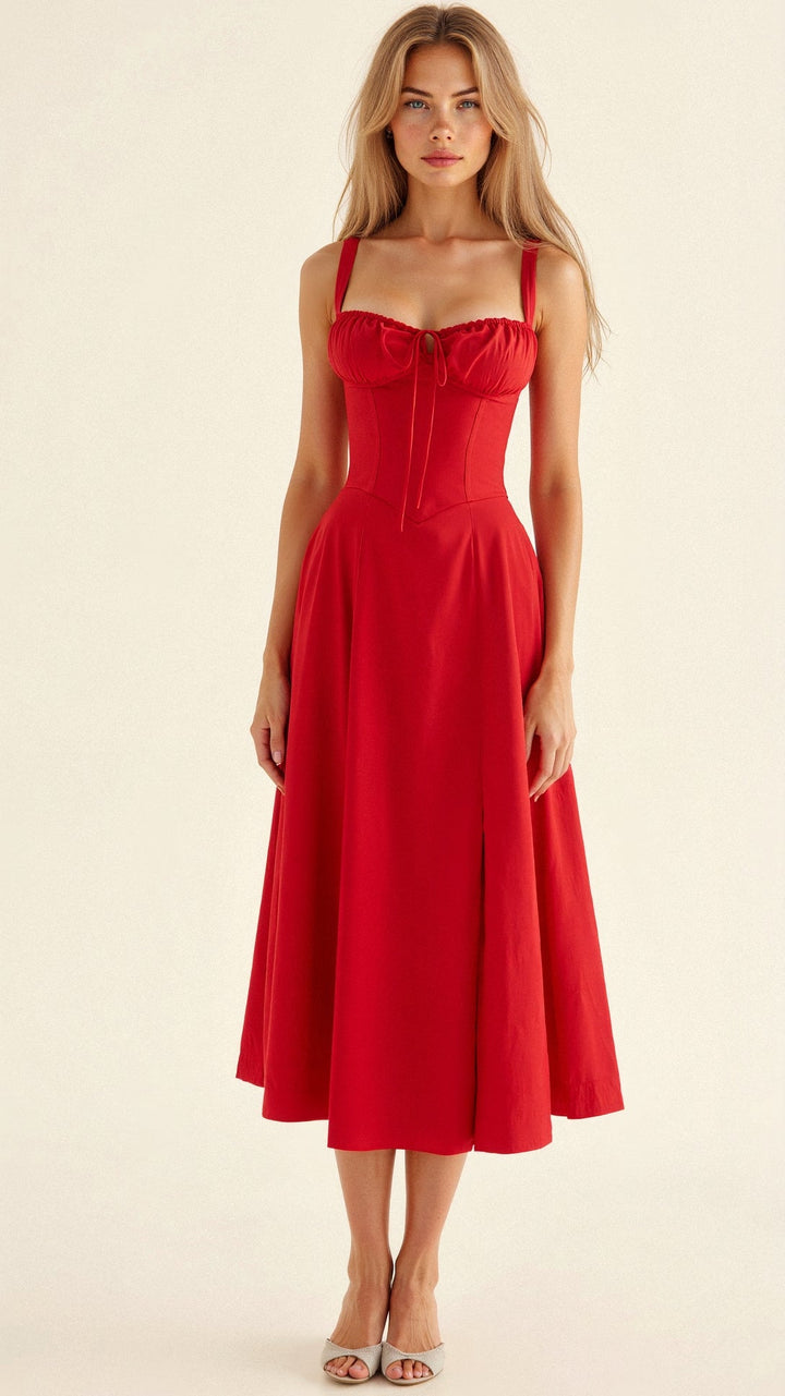 Front view, model wearing a red waist-emphasising bustier dress with a sweetheart neckline and a thigh split