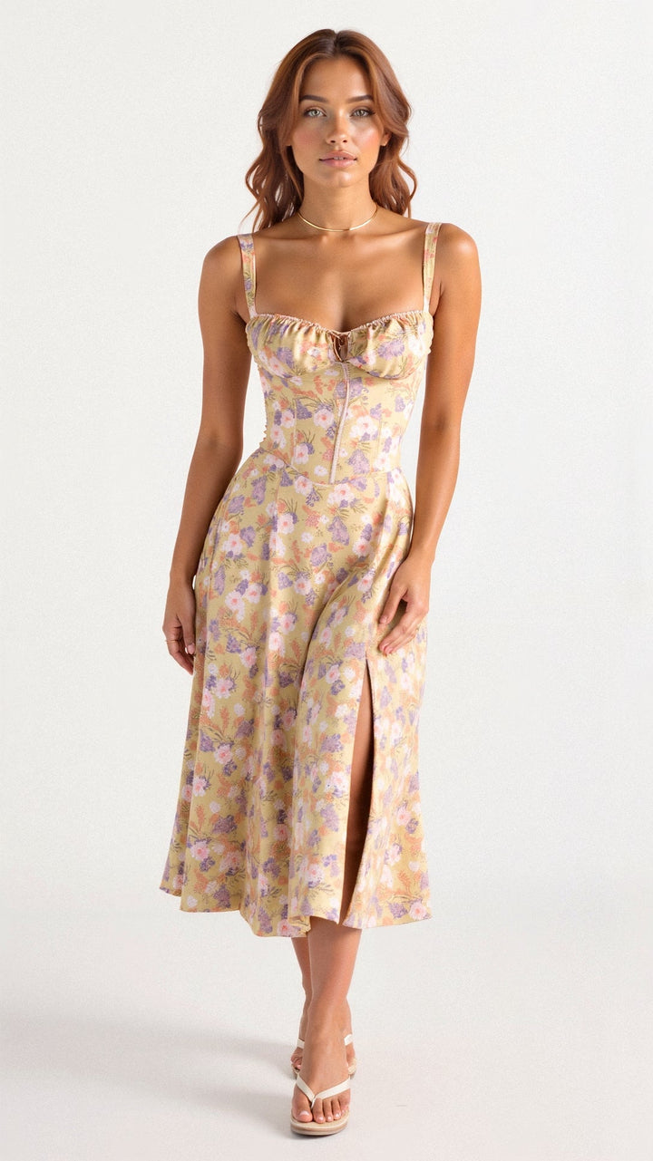 Front view, model wearing a floral bustier dress with a thigh-high split and delicate straps, on a white background
