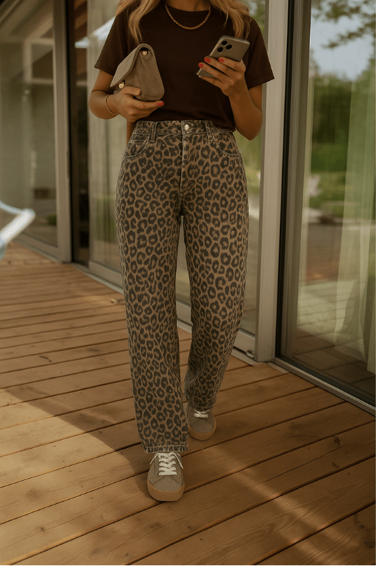 Front view of a model wearing retro straight-leg leopard print high-waist pants with a brown top and sneakers