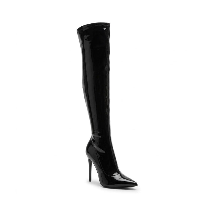 Front view of a single black patent leather over-the-knee stiletto boot with a pointed toe and 11cm heel