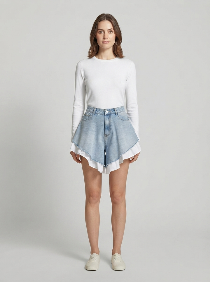 Patchwork Hem Denim Shorts — Light Blue - front view