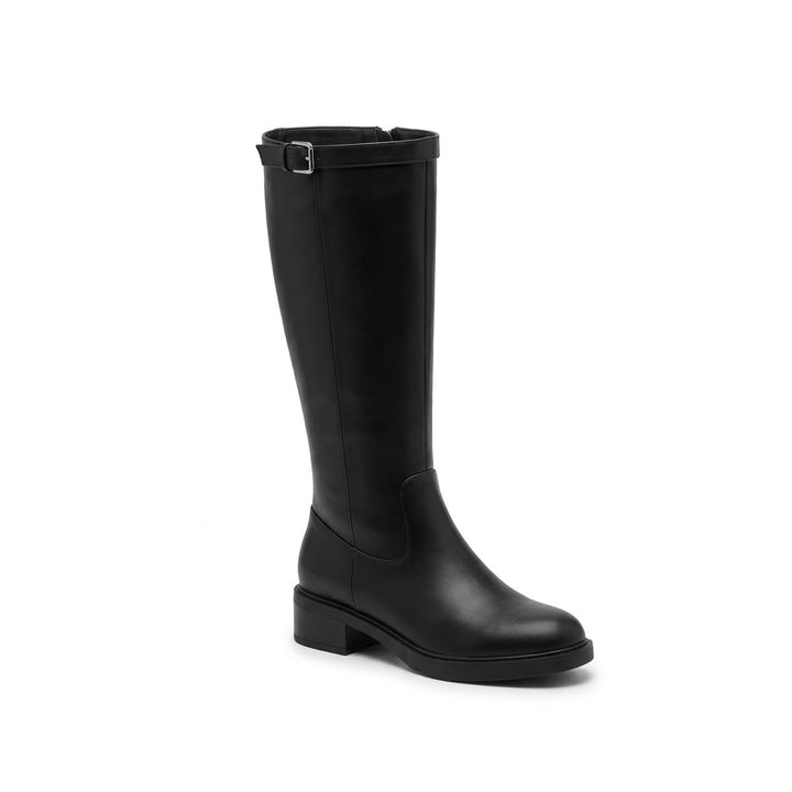 Side view of a black knee-high boot with a block heel, platform sole, and buckle collar
