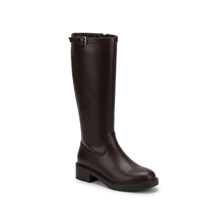 Front view of a single dark brown knee-high boot with a block heel, platform sole, and buckle collar