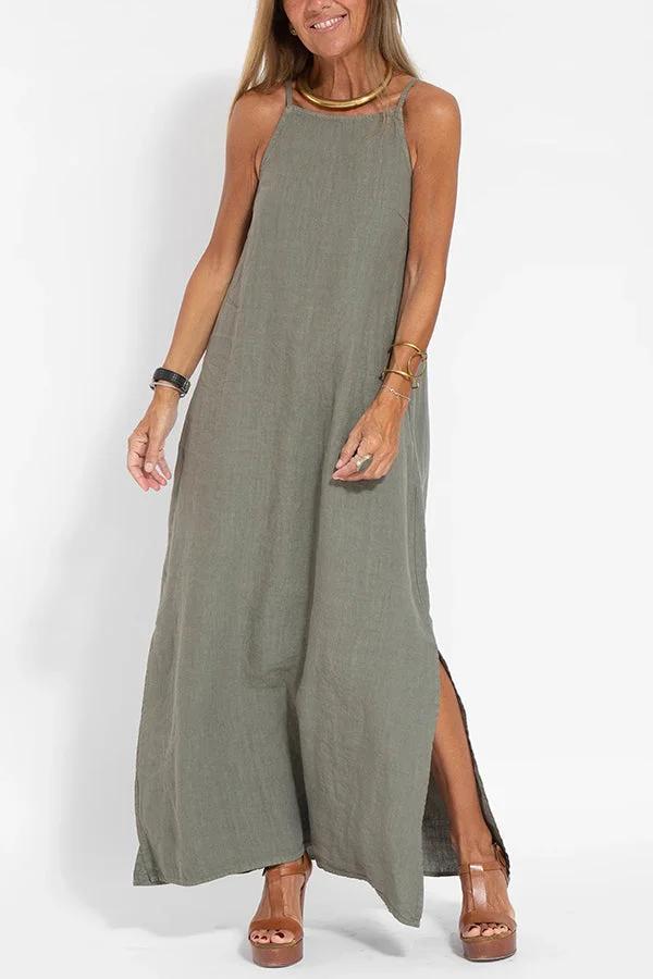 Front view, Ilaria elegant dress in olive green, worn by model with gold choker and brown platform sandals