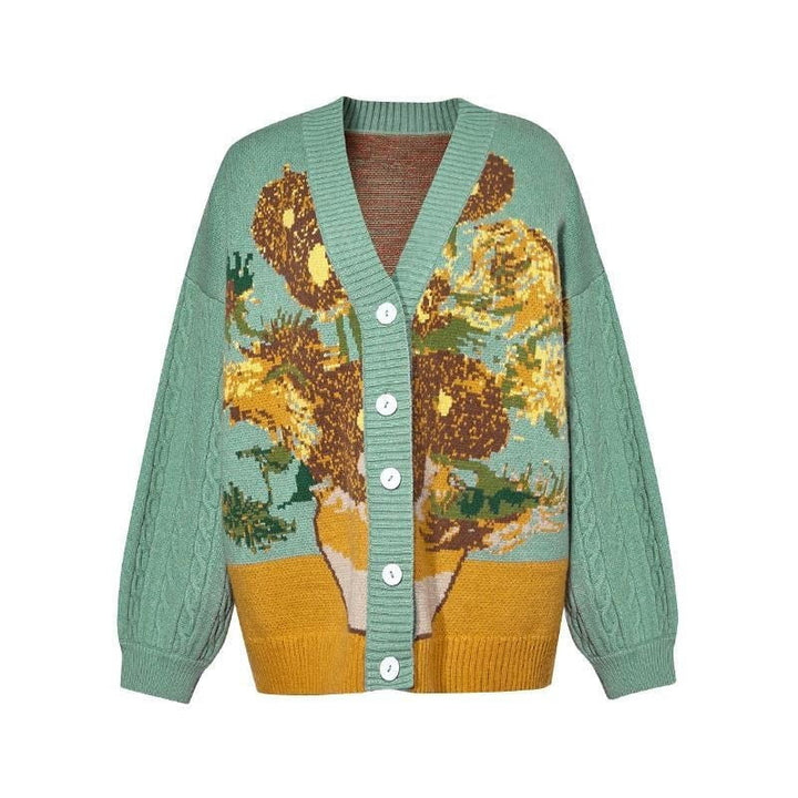 Mint green Van Gogh sunflower knit cardigan with white buttons, front view
